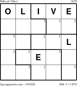 The grouppuzzles.com Difficult Olive puzzle for Friday January 9, 2026 with the first 3 steps marked
