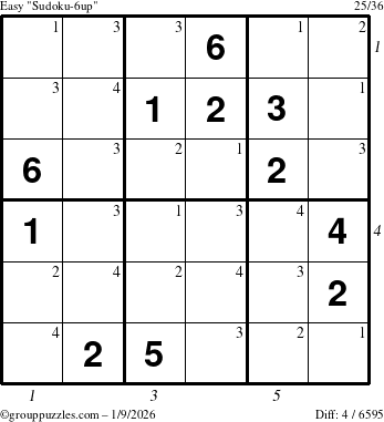 The grouppuzzles.com Easy Sudoku-6up puzzle for Friday January 9, 2026 with all 4 steps marked
