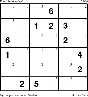 The grouppuzzles.com Easy Sudoku-6up puzzle for Friday January 9, 2026 with the first 3 steps marked