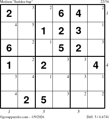 The grouppuzzles.com Medium Sudoku-6up puzzle for Friday January 9, 2026, suitable for printing, with all 5 steps marked