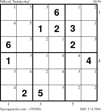 The grouppuzzles.com Difficult Sudoku-6up puzzle for Friday January 9, 2026 with all 5 steps marked