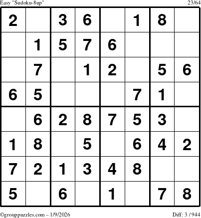 The grouppuzzles.com Easy Sudoku-8up puzzle for Friday January 9, 2026