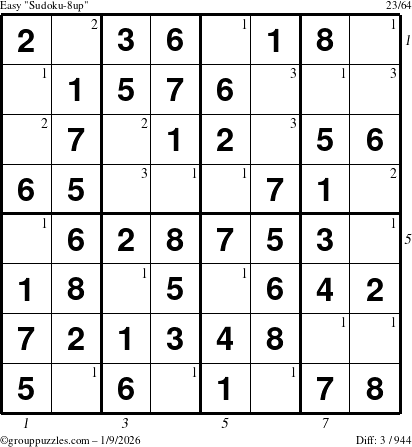 The grouppuzzles.com Easy Sudoku-8up puzzle for Friday January 9, 2026, suitable for printing, with all 3 steps marked