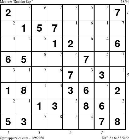 The grouppuzzles.com Medium Sudoku-8up puzzle for Friday January 9, 2026 with all 8 steps marked