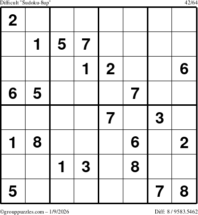 The grouppuzzles.com Difficult Sudoku-8up puzzle for Friday January 9, 2026