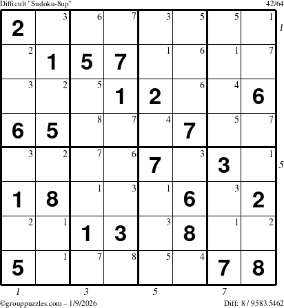 The grouppuzzles.com Difficult Sudoku-8up puzzle for Friday January 9, 2026, suitable for printing, with all 8 steps marked