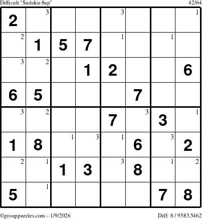 The grouppuzzles.com Difficult Sudoku-8up puzzle for Friday January 9, 2026 with the first 3 steps marked