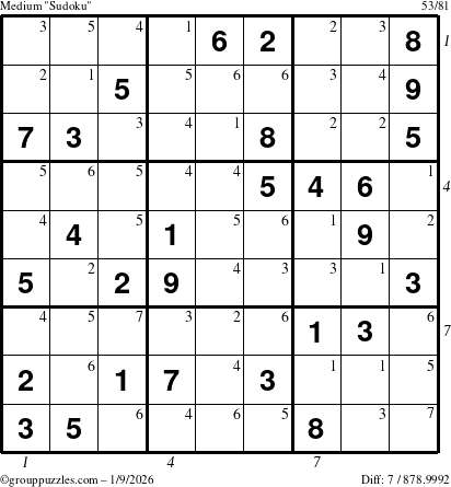 The grouppuzzles.com Medium Sudoku puzzle for Friday January 9, 2026 with all 7 steps marked