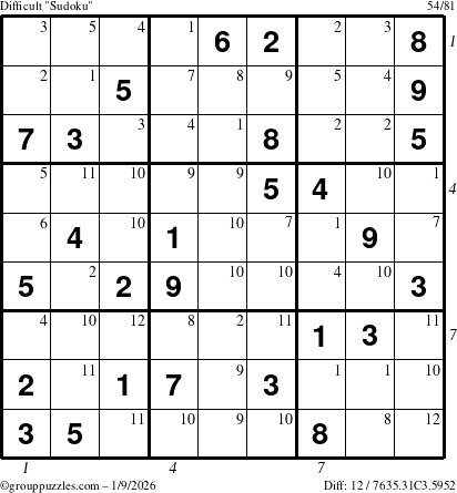 The grouppuzzles.com Difficult Sudoku puzzle for Friday January 9, 2026 with all 12 steps marked