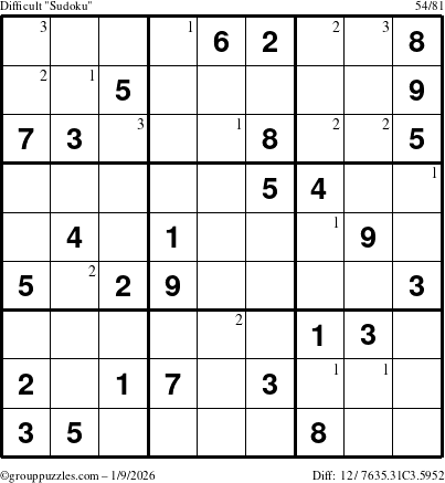 The grouppuzzles.com Difficult Sudoku puzzle for Friday January 9, 2026 with the first 3 steps marked