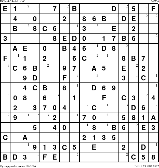 The grouppuzzles.com Difficult Sudoku-16 puzzle for Friday January 9, 2026 with the first 3 steps marked