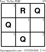The grouppuzzles.com Easy TicTac-PQR puzzle for Friday January 9, 2026 with the first 2 steps marked