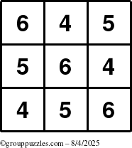 The grouppuzzles.com Answer grid for the TicTac-456 puzzle for Monday August 4, 2025