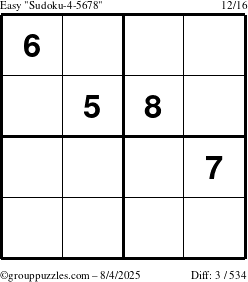 The grouppuzzles.com Easy Sudoku-4-5678 puzzle for Monday August 4, 2025