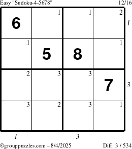 The grouppuzzles.com Easy Sudoku-4-5678 puzzle for Monday August 4, 2025 with all 3 steps marked
