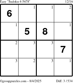 The grouppuzzles.com Easy Sudoku-4-5678 puzzle for Monday August 4, 2025 with the first 3 steps marked