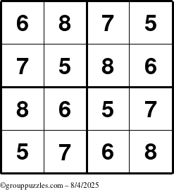 The grouppuzzles.com Answer grid for the Sudoku-4-5678 puzzle for Monday August 4, 2025