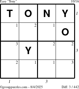 The grouppuzzles.com Easy Tony puzzle for Monday August 4, 2025 with all 3 steps marked