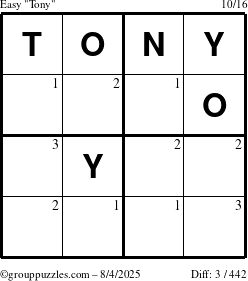 The grouppuzzles.com Easy Tony puzzle for Monday August 4, 2025 with the first 3 steps marked