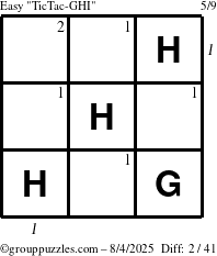 The grouppuzzles.com Easy TicTac-GHI puzzle for Monday August 4, 2025 with all 2 steps marked