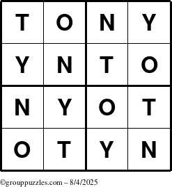 The grouppuzzles.com Answer grid for the Tony puzzle for Monday August 4, 2025