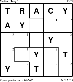The grouppuzzles.com Medium Tracy puzzle for Monday August 4, 2025 with the first 2 steps marked