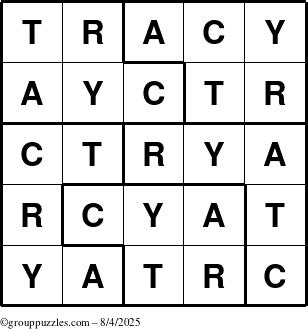 The grouppuzzles.com Answer grid for the Tracy puzzle for Monday August 4, 2025