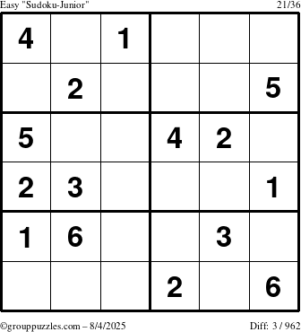 The grouppuzzles.com Easy Sudoku-Junior puzzle for Monday August 4, 2025