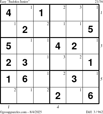 The grouppuzzles.com Easy Sudoku-Junior puzzle for Monday August 4, 2025 with all 3 steps marked