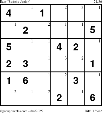 The grouppuzzles.com Easy Sudoku-Junior puzzle for Monday August 4, 2025 with the first 3 steps marked