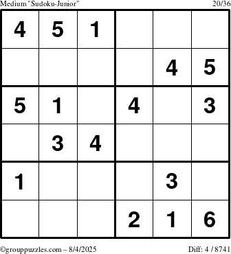 The grouppuzzles.com Medium Sudoku-Junior puzzle for Monday August 4, 2025