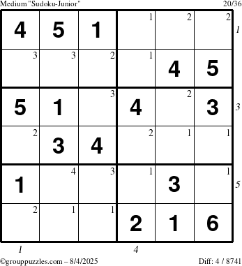 The grouppuzzles.com Medium Sudoku-Junior puzzle for Monday August 4, 2025 with all 4 steps marked