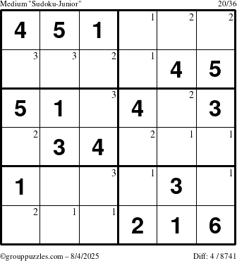 The grouppuzzles.com Medium Sudoku-Junior puzzle for Monday August 4, 2025 with the first 3 steps marked