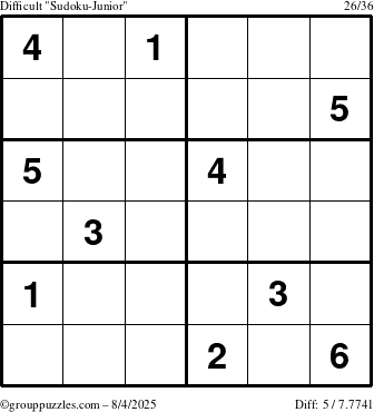 The grouppuzzles.com Difficult Sudoku-Junior puzzle for Monday August 4, 2025