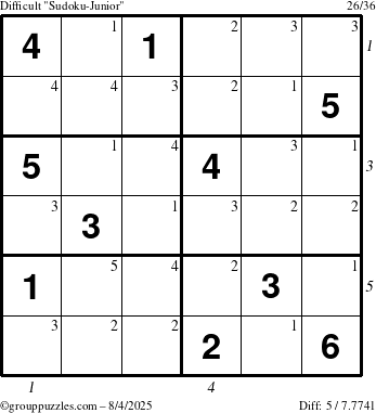 The grouppuzzles.com Difficult Sudoku-Junior puzzle for Monday August 4, 2025 with all 5 steps marked