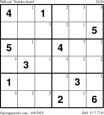 The grouppuzzles.com Difficult Sudoku-Junior puzzle for Monday August 4, 2025 with the first 3 steps marked