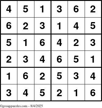 The grouppuzzles.com Answer grid for the Sudoku-Junior puzzle for Monday August 4, 2025