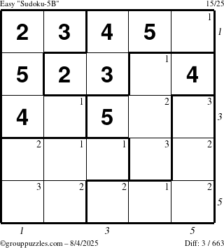 The grouppuzzles.com Easy Sudoku-5B puzzle for Monday August 4, 2025 with all 3 steps marked