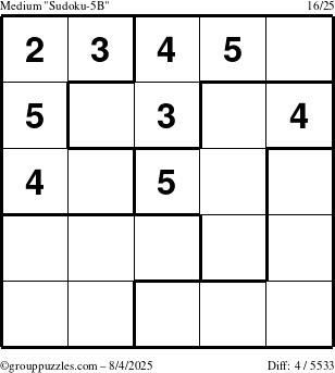 The grouppuzzles.com Medium Sudoku-5B puzzle for Monday August 4, 2025