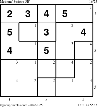 The grouppuzzles.com Medium Sudoku-5B puzzle for Monday August 4, 2025 with all 4 steps marked
