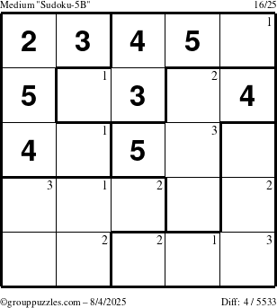 The grouppuzzles.com Medium Sudoku-5B puzzle for Monday August 4, 2025 with the first 3 steps marked