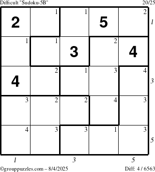The grouppuzzles.com Difficult Sudoku-5B puzzle for Monday August 4, 2025 with all 4 steps marked