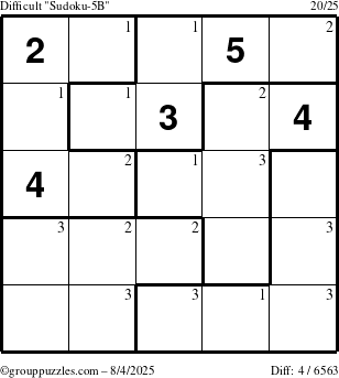 The grouppuzzles.com Difficult Sudoku-5B puzzle for Monday August 4, 2025 with the first 3 steps marked