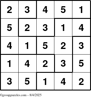 The grouppuzzles.com Answer grid for the Sudoku-5B puzzle for Monday August 4, 2025