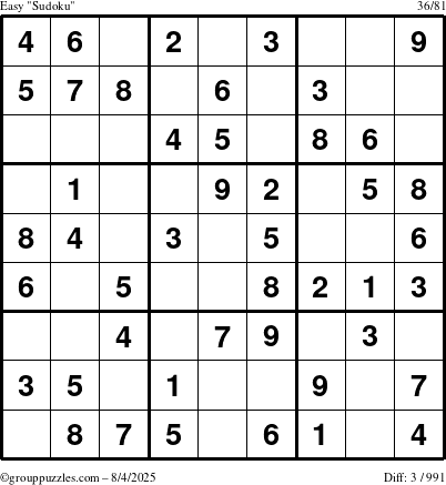 The grouppuzzles.com Easy Sudoku puzzle for Monday August 4, 2025