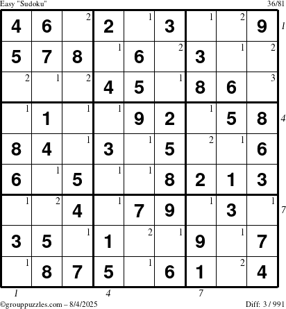 The grouppuzzles.com Easy Sudoku puzzle for Monday August 4, 2025 with all 3 steps marked