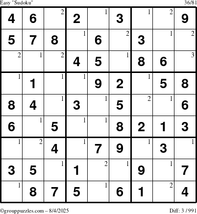 The grouppuzzles.com Easy Sudoku puzzle for Monday August 4, 2025 with the first 3 steps marked