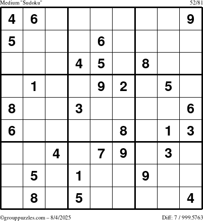 The grouppuzzles.com Medium Sudoku puzzle for Monday August 4, 2025