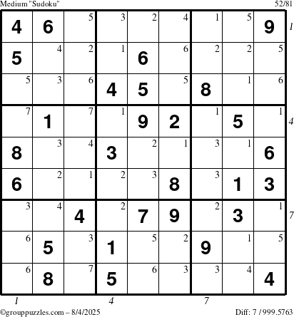 The grouppuzzles.com Medium Sudoku puzzle for Monday August 4, 2025 with all 7 steps marked