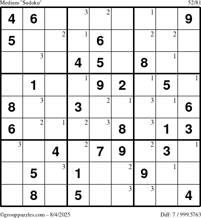 The grouppuzzles.com Medium Sudoku puzzle for Monday August 4, 2025 with the first 3 steps marked